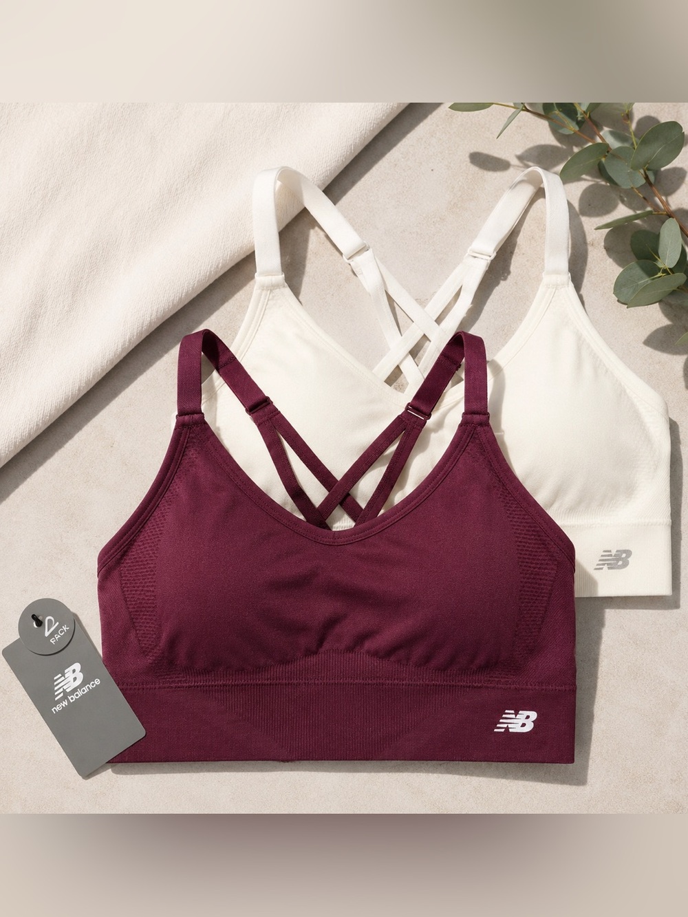 New Balance 2-Pack Sports Bras XL Sea Salt/Faded Plum Crossback Wireless